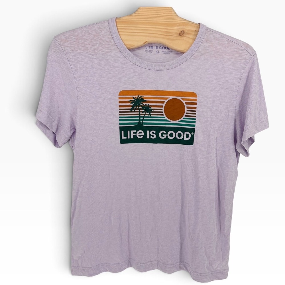 Life is Good T-Shirt XL Purple Palm Tree Sunset Graphic Slub Cotton Tee